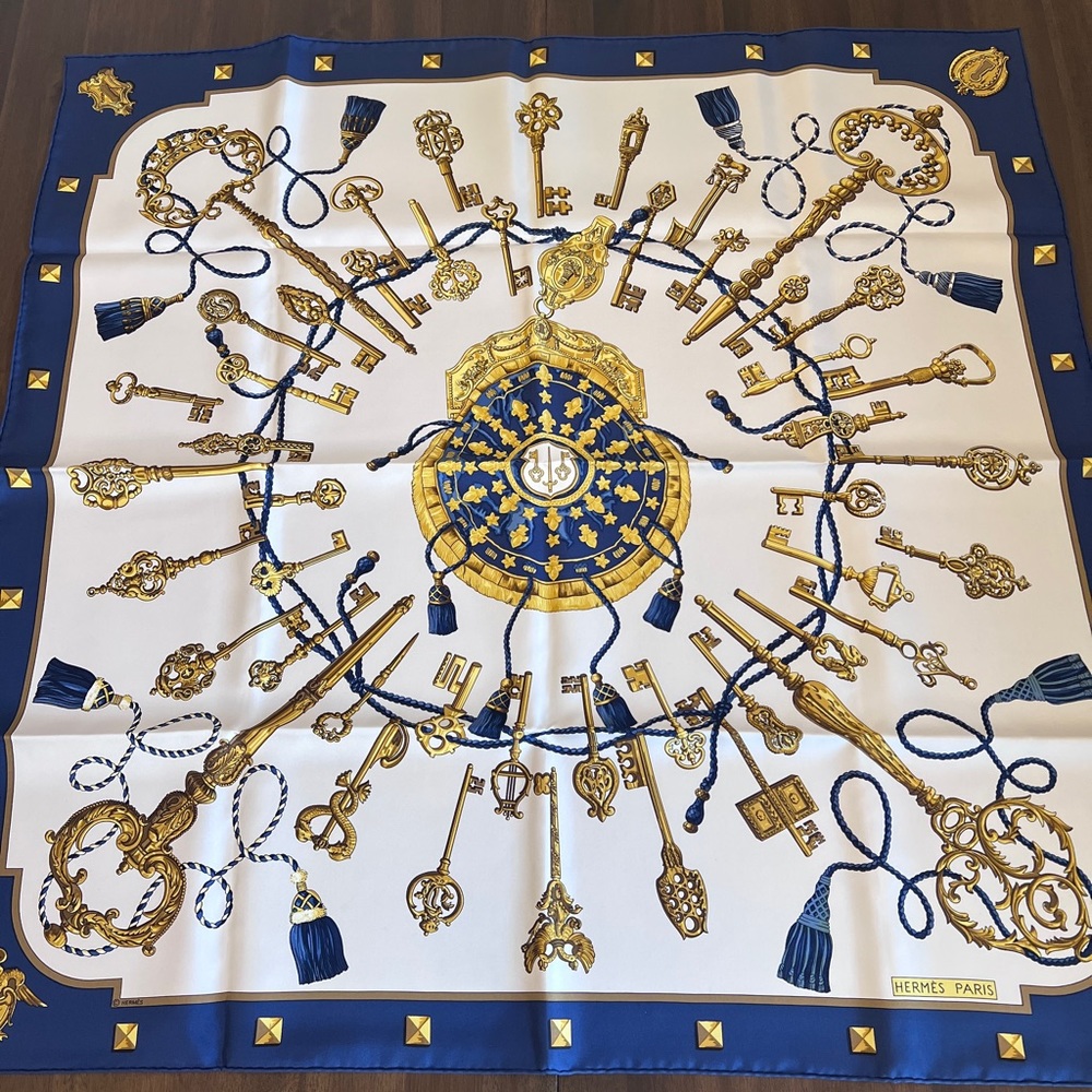 Hermes 100% Silk Scarf in blue, gold, white multi color
